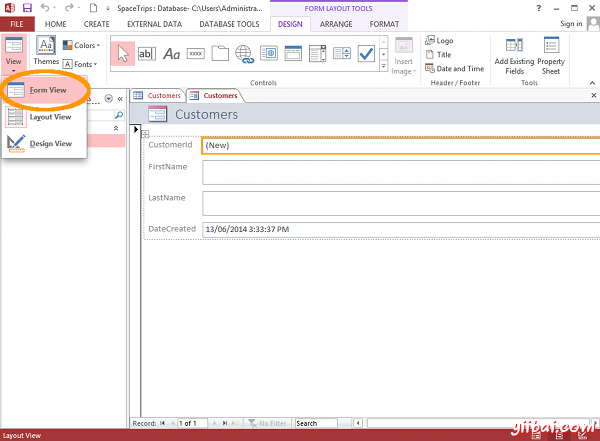 MS Access 2013: Create a form - step 2