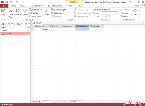 Creating a database table in MS Access 2013 - step 4