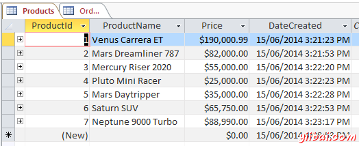 Screenshot of sample data in the Products table