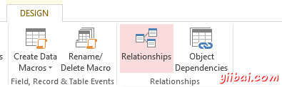 Screenshot of the the Relationship button on the MS Access 2013 Ribbon