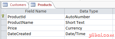 Screenshot of Products table